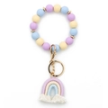 Rainbow silicone bead keychain wristlet with blue, yellow, purple beads and white tassel - Purple