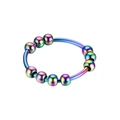 Close-up detail of rainbow iridescent stainless steel spinner ring with ten beads - Colorful