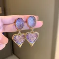 Elegant gold plated heart drop earrings with purple resin stone for women - Purple Stone Texture Metal Heart Drop Earrings (44#)