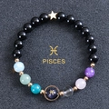 Pisces constellation beaded bracelet with black matte stones and golden star charm - Pisces-Obsidian