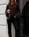 Close-up of deep brown faux mink knit cardigan with lantern sleeves and round neck - S / Coffee
