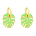 Bohemian gold hoop earrings featuring green monstera leaf charms with enamel finish - Green