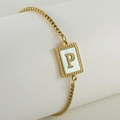 Gold stainless steel bracelet with shell inlay letter P pendant on box chain - Letter P