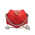 Red geometric heart-shaped handbag with lace texture and silver metal chain strap - Red