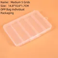 Detailed view of a 5-compartment transparent plastic storage box with size 14.8x10.6x1.7cm - Medium 5-Compartment (14.8x10.6x1.7cm)