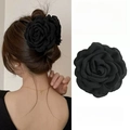 Elegant black chiffon 3D rose flower hair claw clip shown in hair and solo view - 9.5CM / Black