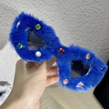 Blue faux fur plush heart sunglasses adorned with colorful rhinestones for women - Blue Plush With Rhinestones