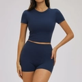 Dark blue yoga set featuring a slim-fit crop top and high-waist athletic shorts - S / Short Sleeve + Shorts — Badge Blue