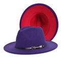 Detail of wool fedora with purple exterior, red interior, and black leather belt buckle - Purple And Red