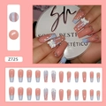 Uñas postizas largas tipo ballet con degradado rosa azul, lazos blancos y pedrería - Estilo de Lazo de Corazón Fluido (Z725-Con Pegamento)