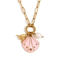 18K gold plated necklace with pink shell enamel charm, gold hand gesture, and white pearl - Gold-Pink