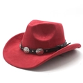 Red suede Western cowboy hat with black leather band and vintage silver metal ornaments - M (56-58cm) / Burgundy