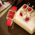 Elegant red leather square quartz watch and matching red gemstone jewelry set for women - Red Square Rhinestone 4-Piece Jewelry Set