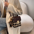 French vintage quilted crossbody bag in brown and beige with a cute rabbit pendant - Coffee With Rabbit Pendant