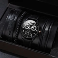 Close-up of men's black quartz watch and beaded leather bracelets in a gift box - Pure Black Set (Watch And Bracelets)