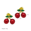 Detailed view of red cherry earrings with green leaves, 13mm size and 4.6g weight info - Cherry Studs - Red Enamel Globes