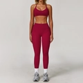 Conjunto de yoga cepillado rojo oscuro con leggings de cintura alta y sujetador deportivo - S / Sujetador + Pantalones -- Rojo Frambuesa