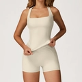 Minimalist beige yoga set featuring racerback crop top and high waist sports shorts - 2044 Vest + 2030 Shorts - Oatmeal Beige