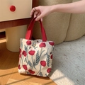 Dettaglio della borsa in tela a fiori rossi con bottone a pressione ed etichetta logo - Papavero