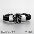 Bracciale da uomo in pelle nera intrecciata con chiusura cobra in metallo argentato punk - Cobra d'Argento (KB44125-D)