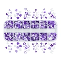 Scatola 12 griglie con paillettes viola e bianche a forma di cuore e fiore per nail art - 12 Griglie Paillettes Viola Miste (Cuore/Fiore/Farfalla)
