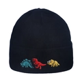 Close-up of three colorful dinosaur embroidery details on a black knitted beanie cap - M (56-58cm) / Black