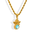 Detail of golden Cupid angel pendant with oval blue gemstone on twisted rope chain - March