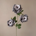 Artificial 3-head diamond rose spray in grey finish with green leaves for wedding decor - Gray