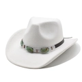 Classic white wool felt western cowboy hat with brown leather band and turquoise stone - M(56-58cm) / White