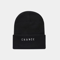 Close-up of black knitted beanie featuring white CHANCE letter embroidery and cuffed design - CHANCE Alphabet Embroidery / Black