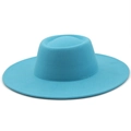 Minimalist wool felt wide brim boater hat in cyan with flat top and wide edge - M (56-58cm) / Lake Blue