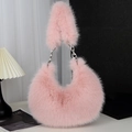 Pink faux fur hobo bag with silver chain strap for autumn and winter shoulder wear - Pink