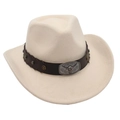 Close-up of cream felt cowboy hat featuring silver bull head buckle and studded leather band - One Size / Off White