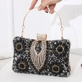 Elegante pochette nera da sera con strass floreali argento e manico ad anello dorato - Scatola Rettangolare a Cuscino - Nero