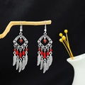 Vintage bohemian drop earrings with red beads and silver feather charms on black background - Red (Diamond Feather)