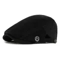 Black corduroy flat cap featuring a white embroidered smiley face on the side - Black / Adjustable