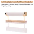 30cm single tier bracelet display stand with white leather bar and wooden base - White Leather