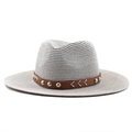 Detail of straw fedora hat with brown leather band and silver rivet accents - M (56-58cm) / Gray