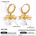 Elegant 18k gold plated stainless steel bow earrings with pearl drops for women - EH11490-Bow & Pearl
