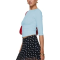 Slim fit light blue ribbed knit t-shirt with three-quarter sleeves in side view profile - S / Tiffany Blue