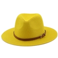 Detail of yellow woven straw fedora hat featuring a brown leather strap and gold buckle - M (56-58cm) / Yellow