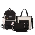 Black and white 4-piece canvas school backpack set with bear plush charm for students - With Badge and Blush Bear Pendant / Black