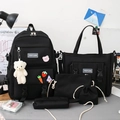 Black 5-piece nylon school bag set including backpack and tote with YISIYUAN logo - Pure Black 5-Piece Set