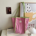 Bolso tote de lona a cuadros rosas y blancos con asas verdes de estilo retro elegante - Cuadros Rosas