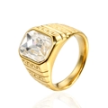 Macro shot of men's gold ring featuring a square clear gemstone and geometric patterns - US 9 / Gold White Rhinestone