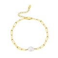 Bracelet en argent S925 à maille trombone avec une perle d'eau douce baroque blanche - Bracelet à Maillons Rectangulaires Doré avec Perle Unique (GPB07)