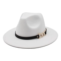 White wool fedora hat with black leather band and gold metal chain buckle detail - White