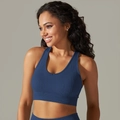 Seamless navy blue ribbed yoga set featuring V-neck sports vest and high waist pants - S / Tops / Dark Blue