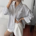 Women's casual black and white striped long sleeve shirt paired with white shorts - S / White