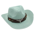 Detailed macro view of mint green straw cowboy hat with metallic bull head on leather band - One Size / Mint Green